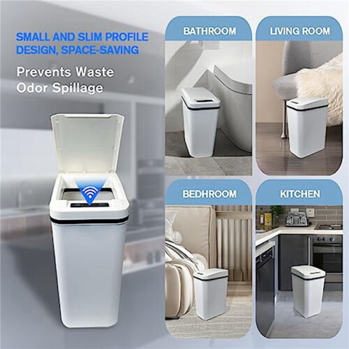 2X Automatic Touchless Bathroom Trash Can with Lid White Slim Narrow Plastic  Motion Sensor Covered Garbage Can 1