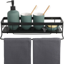 Étagère de Salle de Bain 40 cm Noire Acier Inoxydable Panier de Salle de Bain avec Porte-Serviettes