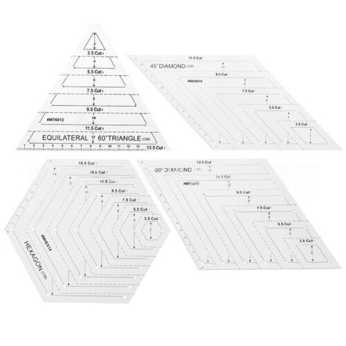 4Pcs Quilting Ruler Set, Clear Plastic Quilting Square Template Triangle Hexagon 45 60 Degree Ruler