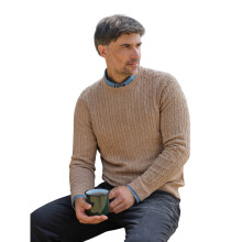 (XL, Flax) WoolOvers Mens Cable Knit Cashmere Merino Crew Neck Jumper