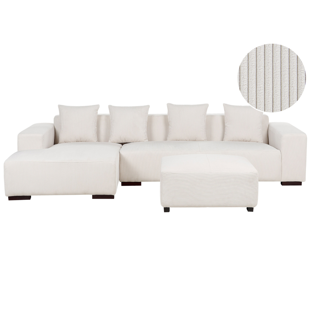 Beliani Corner Sofa 4 Seater Lungo Corduroy Off-White With Ottoman Right Hand