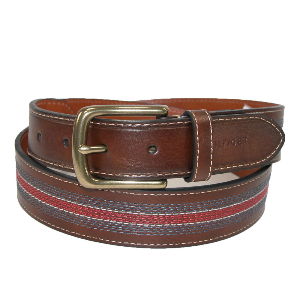 Tommy Hilfiger Men's Leather Contrast Stitch Stripe Inlay Belt