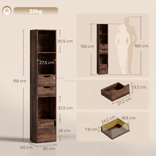 Homcom HOMCOM Bookcase with Drawers Adjustable Shelf 158 cm Rustic Brown 2