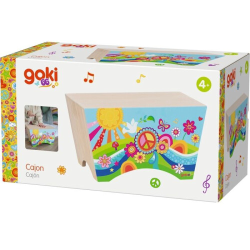 Strumento musicale - GOKI - Cajon Flower Power - Legno - Design Pace e Amore - Per bambini 4-8 anni 1