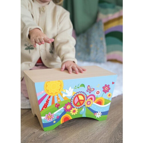 Strumento musicale - GOKI - Cajon Flower Power - Legno - Design Pace e Amore - Per bambini 4-8 anni 2