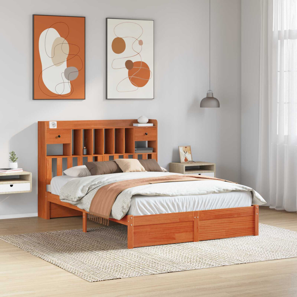 Vidaxl Bookcase Bed Frame Wax Brown 200 X 150 Cm Solid Pine Wood