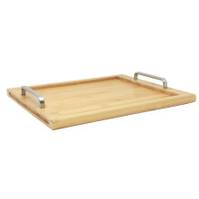Wooden Serving Tray Solid Stainless Steel Handles 54x37cm Rectangular Serving