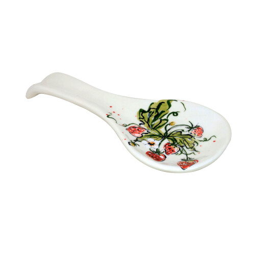 Ceramic Spoon Rest White Strawberry Design Tidy Holder Cooking Utensil Kitchen