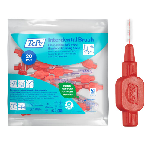 Tepe TePe Interdental Brush, Extra Soft, Red, 0.5mm/ISO 2, 20pcs,