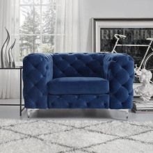 (Blue, Armchair) Monaco Plush Velvet Sofa Chesterfield Style 2 Seater, 3 Seater, 3+2 Set & Footstool Deep Button Tufted Back