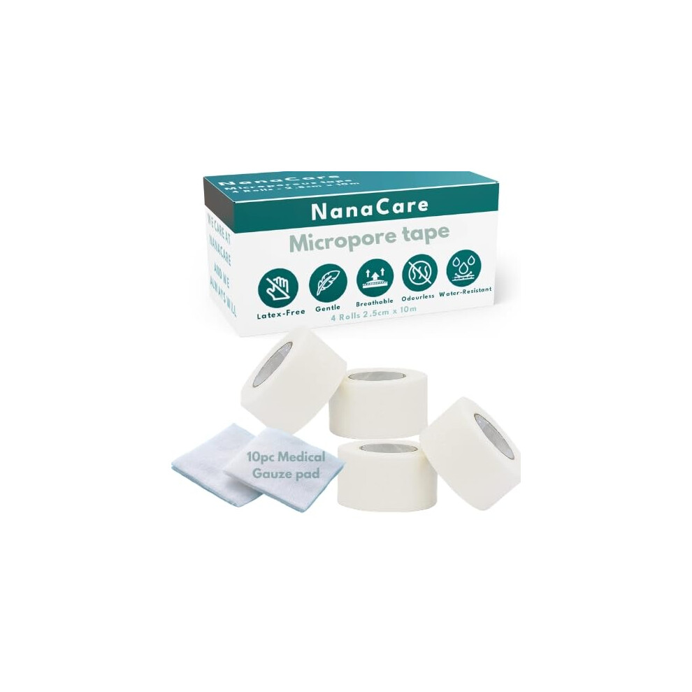 Nanacare Microporous Medical Tape Waterproof, 4 Rolls 2.5Cm X 10M + 10Pc Gauze