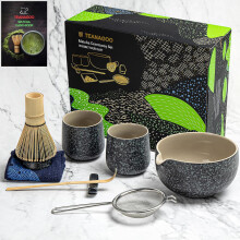 Traditionelles japanisches Matcha-Set aus Keramik, 7-teilig, grau — matcha set 7 teilig, keramik matcha tasse, bambusbesen für matcha, matcha sieb