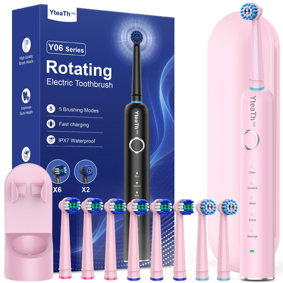 Yteath Pro Rotating Electric Toothbrush With 8 Brush Heads (2 Types) For Adults