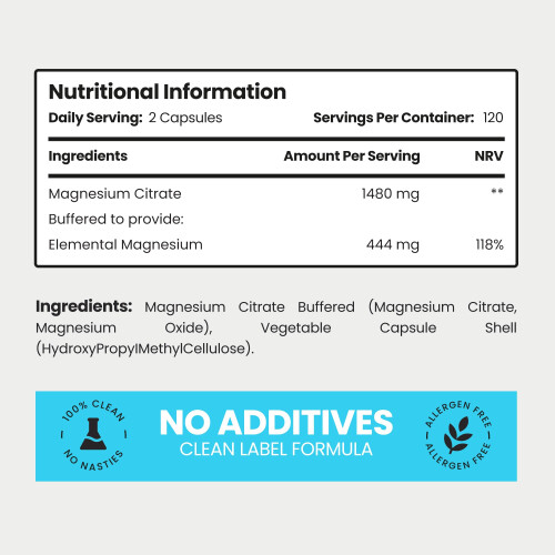 Magnesium Citrate Capsules 1480mg | 444mg Elemental | 4 Months | 1