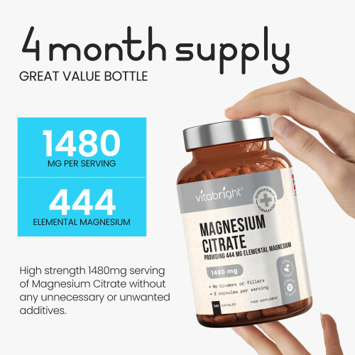Magnesium Citrate Capsules 1480mg | 444mg Elemental | 4 Months | 2
