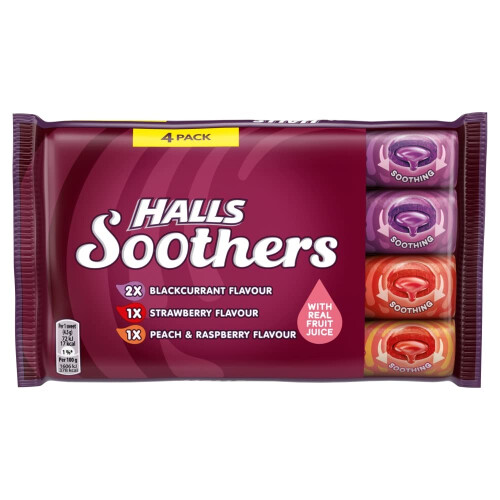 Halls Halls Soothers Assorted 4 Pack, Includes 2 x Blackcurrant, 1 x Peach