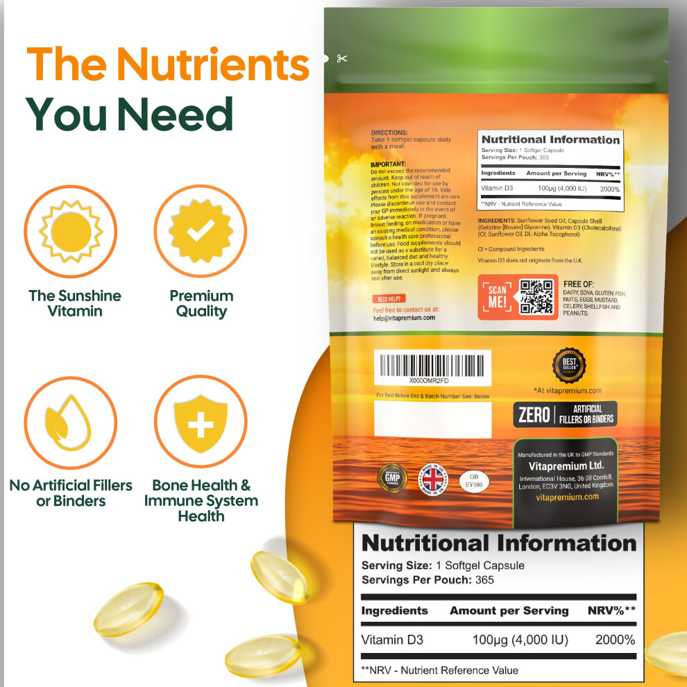 Vitapremium Vitamin D 4,000 Iu Gel Capsules, High Strength Vitamin D3 Supplement,