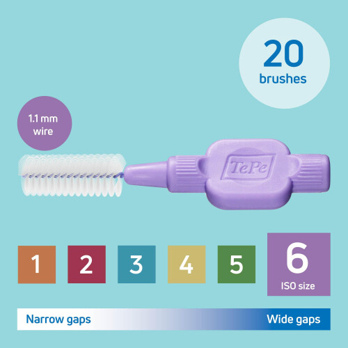 Tepe TePe Interdental Brush, Extra Soft, Purple, 1.1mm/ISO 6, 20pcs, 1