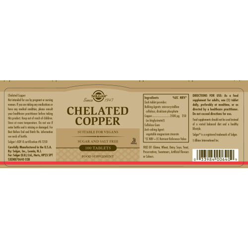 Solgar Solgar Chelated Copper Tablets - Pack of 100 - Supports Immunity - 1