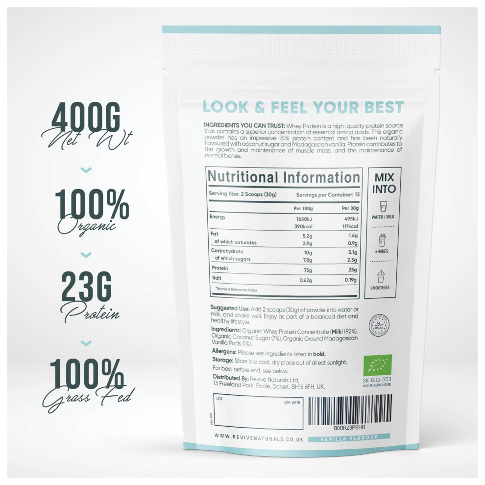 Revive Naturals Organic Whey Protein Powder 400G (Vanilla Flavour) Â Grass Fed
