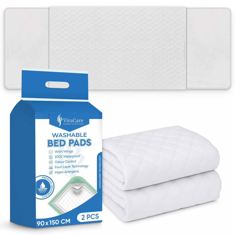 Viracare 2 X Washable Incontinence Bed Pads With Tucks/Flaps | 90 X 150 Cm |