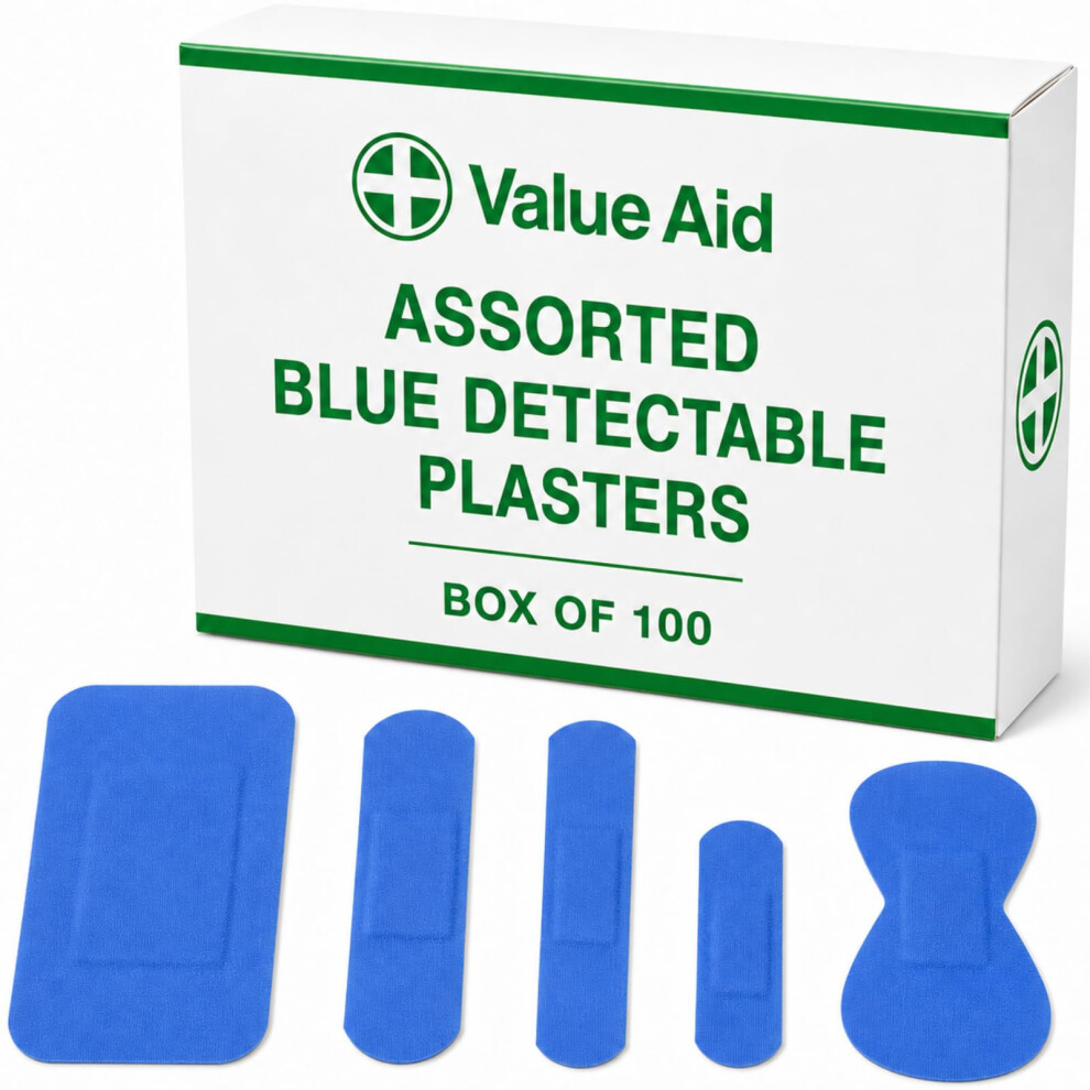 Value Aid Blue Detectable Plasters Â Box Of 100 Assorted Plasters For