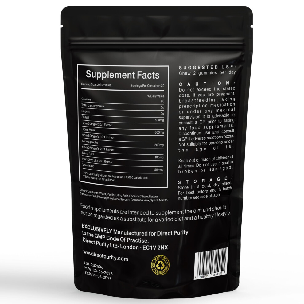Directpurity Neuroboost 5-In-1 Wellness Gummies Â Ashwagandha, Shilajit, LionâS