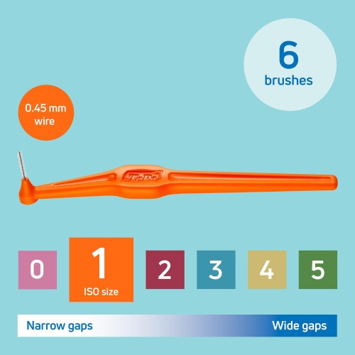 Tepe TePe Interdental Brush Angle, Orange, 0.45mm/ISO 1, 6pcs, Interspace 1