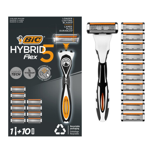 BIC BIC Hybrid 5 Flex Refillable Men's Razor, 1 Weighted Handle and 10