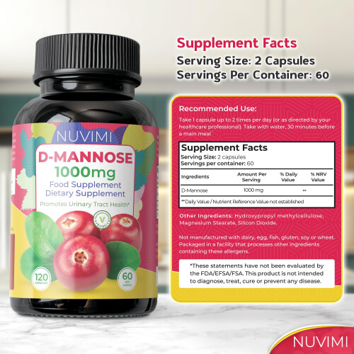 D Mannose 120 Capsules, 1000 mg per Dose, Promotes Urinary Tract