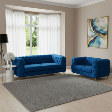 (Blue, 3+2 Seater Sofa) Monaco Plush Velvet Sofa Chesterfield Style 2 Seater, 3 Seater, 3+2 Set & Footstool Deep Button Tufted Back