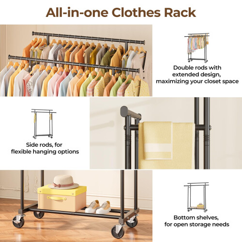 HYSEYY Double Rod Clothes Rail - Rolling Clothes Rack 1