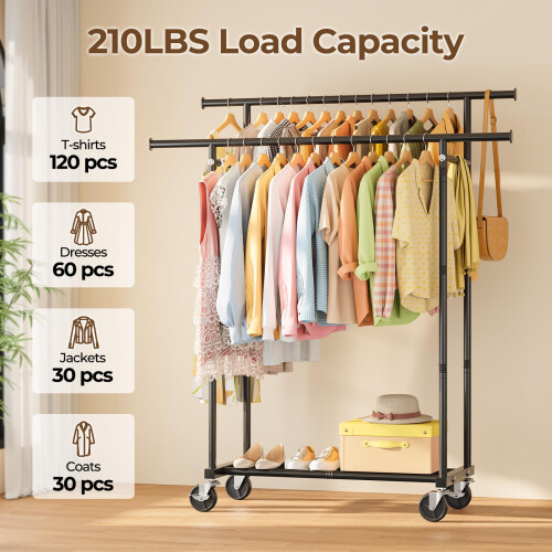 HYSEYY Double Rod Clothes Rail - Rolling Clothes Rack 2