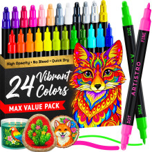 ARTISTRO 24 Acrylic Paint Pens for Fabric, Rock, Wood, Glass – Easter Decoration & Crafts – Dual Tip (Dot & Fine) Paint Markers for Adults, Teens,