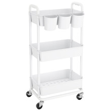 JIUYOTREE 3-Tier Plastic Rolling Storage Cart Utility Cart with Extra Hanging Cups Handles Lockable Wheels for Living Room Bathroom Kitchen Office Whi