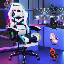 ELFORDSON Gaming Chair with RGB LED Light, 8-Point Massage Computer Office Chair with Lumbar Support Footrest 82cm High Back 150 Recliner, White & B