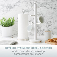 Swan Serenity Kitchen Towel Pole and 6 Cup Mug Tree Set with Smooth Matte Finish, Stainless Steel Accents and Non-Slip Bases, White
