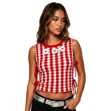 (S, Red) Women Crop Knit Tank Tops Casual Summer Contrast Colors Side Drawstrings Sleeveless Shirt Basic Vest for Streetwear