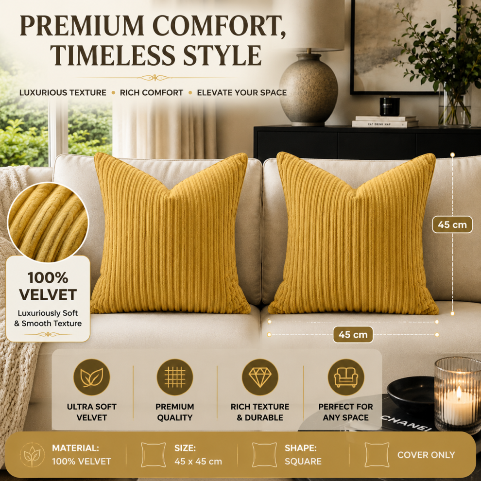 Imperial Rooms (Ochre/ Yellow- Stripe Velvet Cushion Covers) Crushed Velvet Cushion Covers Throw Pillowcase