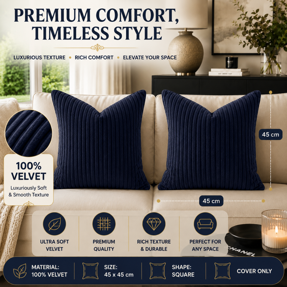 Imperial Rooms (Navy- Stripe Velvet Cushion Covers) Crushed Velvet Cushion Covers Throw Pillowcase