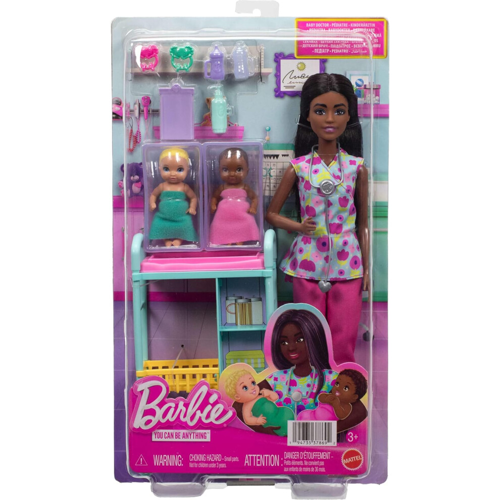 Barbie Careers Baby Doctor Playset With Brunette Doll Wearing Scrubs, 2 Baby Dolls, Examination Table & Accessories