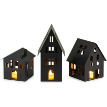 Set aus 3 LED-Laternen in Hausform LED-Teelichthalter Deko Schwarz, Set — set 3 laternen, laternen led häuschen, laterne kerzenhalter led