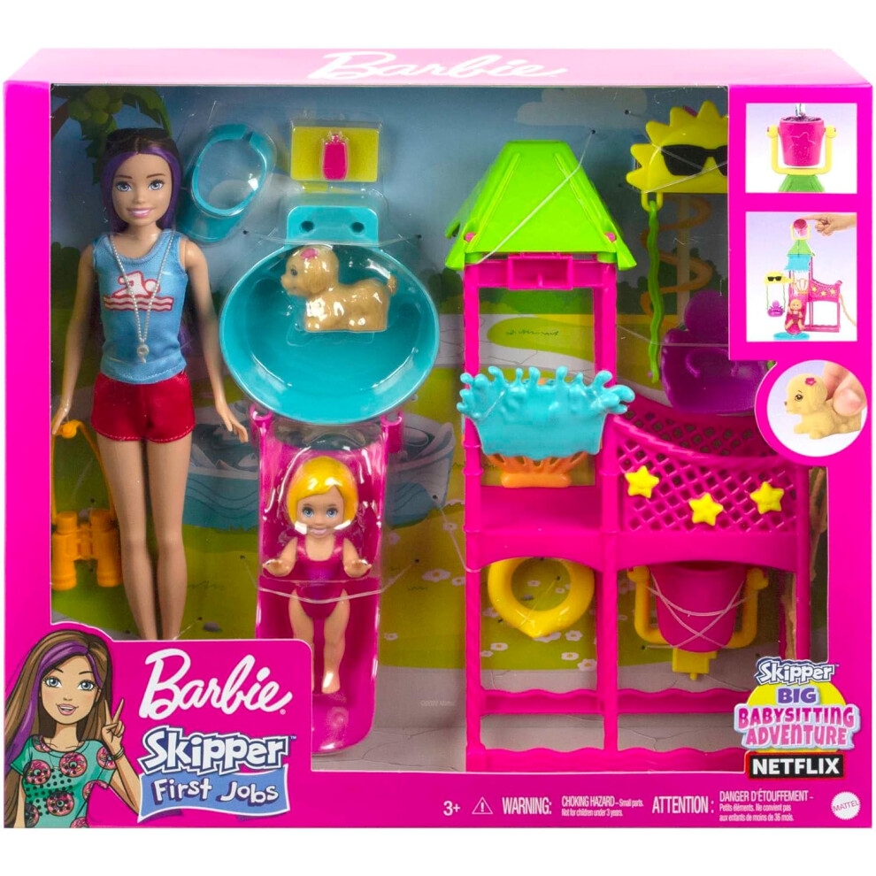 Barbie Skipper First Jobs Playset, Doll, Water Park With Functional Water Slide, Squirting Puppy And Over 5 Accessories, For Ages 3 And Up, Hkd80