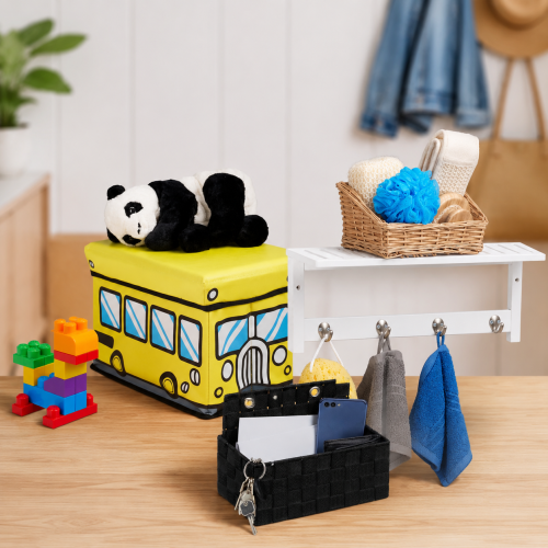 Bamboo Wall Storage Set (3-Piece) - Hook Wall Shelf, Foldable Toy Bench & Hanging Wicker Basket