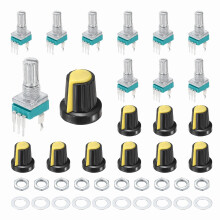 sourcing map 10pcs RK097N B100K Potentiometer, 3Pin Single Linear Rotary Seal Amplifier Logarithmic Potentiometers 15mm Knurled Shaft with Yellow AG2