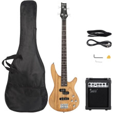 Bonnlo 4 String Full Size Electric Bass Guitar Beginner Kit with 20W Amp, Gig Bag, Strap, Pick and Cable, Natural Wood