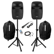 Vonyx VPS082A 8" Active PA Speaker System with Bluetooth, Microphone, LED Lights, Complete DJ Kit with Tripod Stands & Carry Bags for Home DJ Sets &