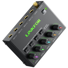 LiNKFOR 4-Channel 6.35mm Audio Mixer with Independent Volume Control Support 6.35mm Input and Output Mini Passive Stereo Mixer with RGB Light for Hom