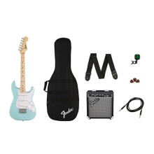Squier by Fender Mini Stratocaster Pack, Beginner Electric Guitar for Kids, Includes Amp, Tuner, Gig Bag, Cable, Strap and Virtual Lessons, Daphne Bl