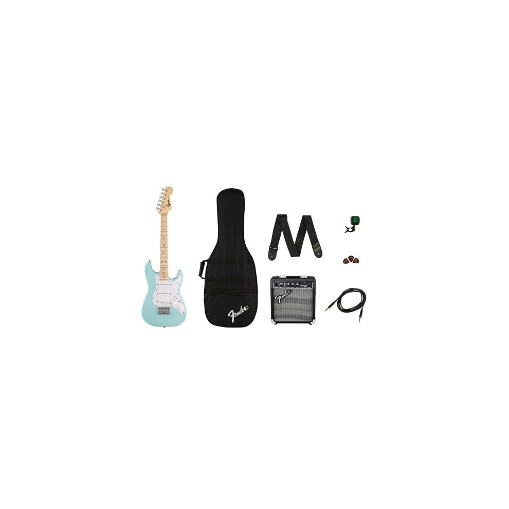 Fender Squier By Mini Stratocaster Pack, Beginner Electric Guitar For Kids, Includes Amp, Tuner, Gig Bag, Cable, Strap And Virtual Lessons, Daphne Bl